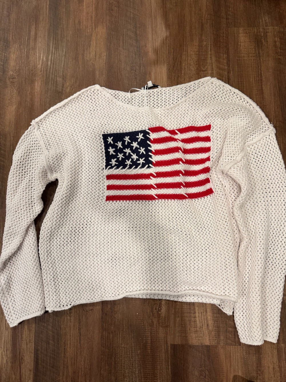 Miracle White Open-Knit Crewneck Sweater with Red & Blue Flag Motif